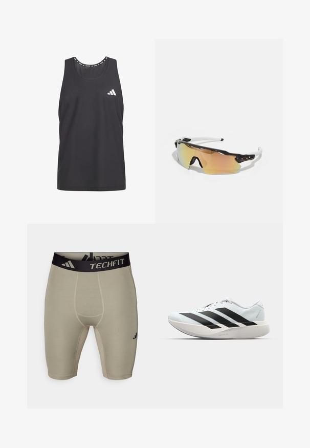 Débardeur de sport noir en matériau mesh respirant, col rond et logo Adidas blanc sur la poitrine gauche.; adidas Performance BASE SHORT - Leggings - silver pebble; Baskets de course légères en bleu pâle avec des rayures noires. Elles présentent un dessus lisse, un embout rond et une semelle intermédiaire blanche épaisse étiquetée "LIGHTSTRIKE PRO".; Lunettes de soleil avec une monture noir et blanc, de grandes lentilles réfléchissantes aux nuances dorées et roses, un design aérodynamique et un bord extérieur élargi.