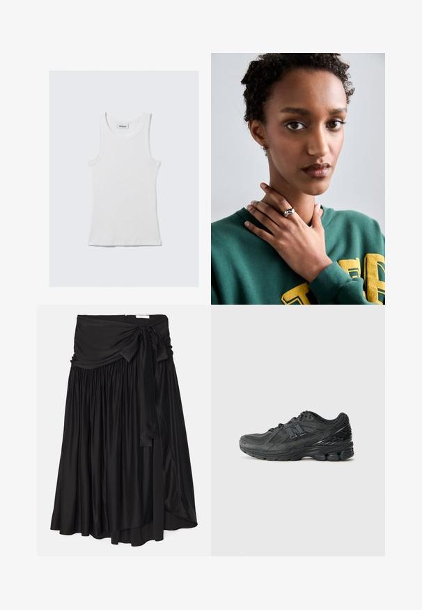 Valkoinen puuvillainen hihaton toppi, jossa on uritettu pinta, hihattomat mallit ja pyöreä kaula-aukko. Kaula-aukon kohdalla on etiketti, jossa lukee "WEEKDAY."; Mustat hameet, jotka on valmistettu sileästä, virtaavasta kankaasta; siinä on leveä, laskostettu vyötärö, jossa on nauha ja laskostus, joka antaa ilmavan muodon.; Mustat juoksukengät, joissa on verkkomateriaalista valmistettu päällinen, pehmustettu kaulus, synteettisiä yksityiskohtia ja teksturoitu pohja, jossa on näkyviä vaimennuselementtejä.; Hopeinen sormus, jossa on sileä, kaareva muotoilu ja tähtikoriste. Mallilla on päällään vihreä collegepaita, jossa on keltaista tekstiä, ja kädet kaulan lähellä.