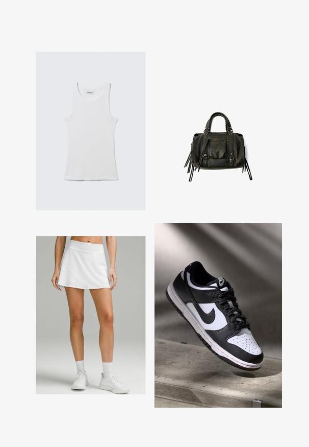 Bílé bavlněné tílko s žebrovanou texturou, bez rukávů a kulatým výstřihem. Na krku je štítek s nápisem "WEEKDAY."; Bílá sportovní sukně s hladkou texturou, vysokým pasem a rozšířeným tvarem. V kombinaci s bílými teniskami a ponožkami.; Černobílé tenisky Nike Dunk Low s koženým svrškem, perforovanou špičkou a černými tkaničkami, s bílou podrážkou a akcenty loga.; Černá kožená kabelka s pletenými rukojetmi, kapsou na zip a visícími třásněmi. Texturovaný povrch s kovovými hroty a kovovými akcenty.