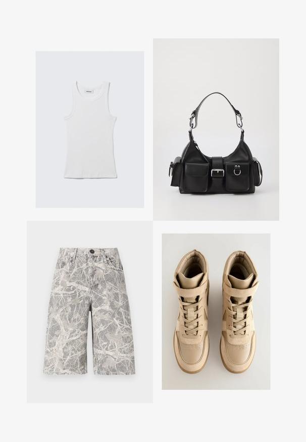 Witte katoenen tanktop met een ribbeltextuur, mouwloos ontwerp en ronde hals. Beschikt over een label aan de nek met de tekst "WEEKDAY."; Camo-gepatroniseerde denimshorts in grijstinten en beige, met een klassieke vijf-pocketontwerp en een metalen knoopsluiting.; Beige hoge sneakers met een gestructureerd bovenwerk van suede en leer, voorzien van vetersluiting, een klittenbandsluiting en een rubberen zool.; Zwarte leren handtas met een gebogen ontwerp, verstelbare schouderband, twee voorzakken en accenten van zilverkleurig beslag. Bevat een centrale gespdetail.; Gelaagde zilveren ketting met kettingen, witte kralen, sterren- en halve maanbedels, en een ronde hanger onderaan met een zonnestraal ontwerp.