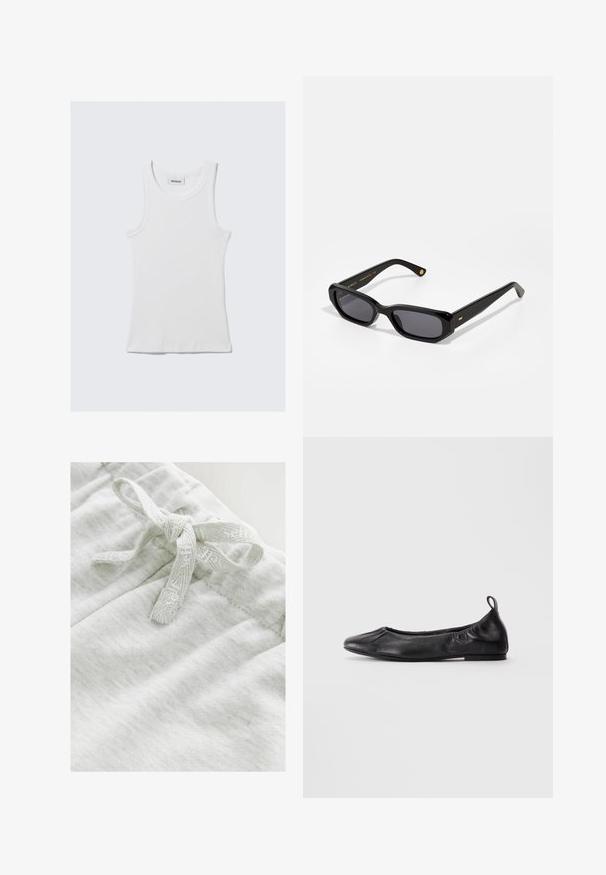Top din bumbac alb, fără mâneci, cu o textură în dungi și un guler rotund. Are o etichetă pe gât care spune "WEEKDAY."; Tamaie gri deschis, cu o textură moale, prezentând un detaliu cu fundă realizat dintr-o panglică texturată asortată la talie.; Balerini negri din piele cu vârf rotund, laterale din elastic gathered și un tab la călcâi, expuși pe un fundal deschis.; Ochelari de soare negri cu rame rectangulare, lentile întunecate, finisaj lucios și accente subtile din aur pe tentori. Construiți dintr-un material ușor.