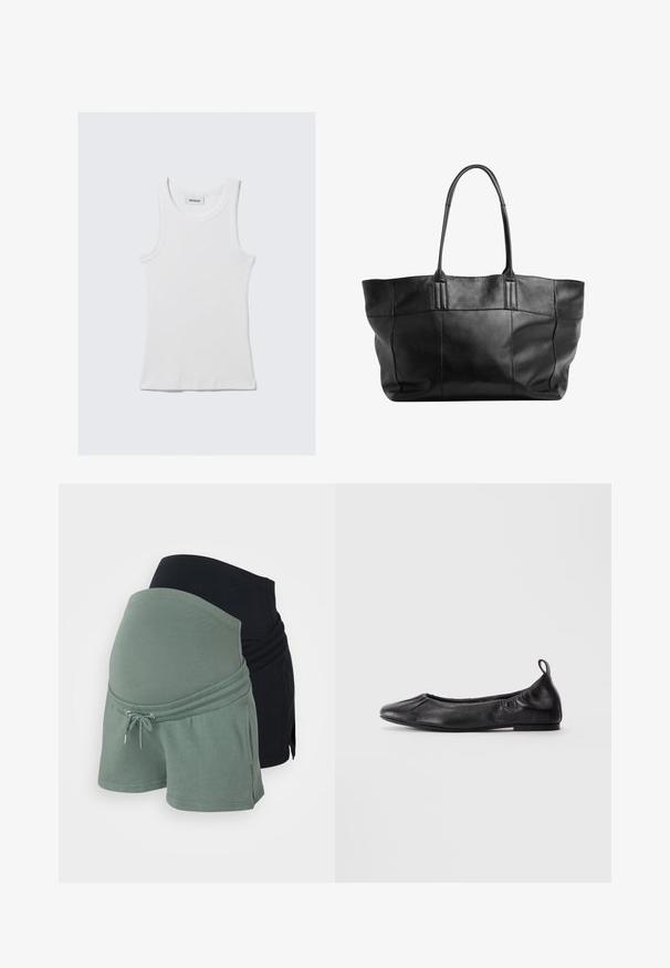 Biele bavlnené tielko s ryhovanou textúrou, bezrukávovým dizajnom a okrúhlym výstrihom. Obsahuje štítok na krku so slovami "WEEKDAY."; Materské šortky v čiernej a zelenej farbe. Mäkká bavlnená tkanina, voľný strih, nastaviteľný pás s šnúrkou, s vrstveným dizajnom.; Čierne kožené baletné topánky s okrúhlou špičkou, zhrnutými elastickými stranami a pútkom na päte, vystavené na svetlom pozadí.; Still Nordic STILLBASIC SHOPPER - Veľká kabelka - black