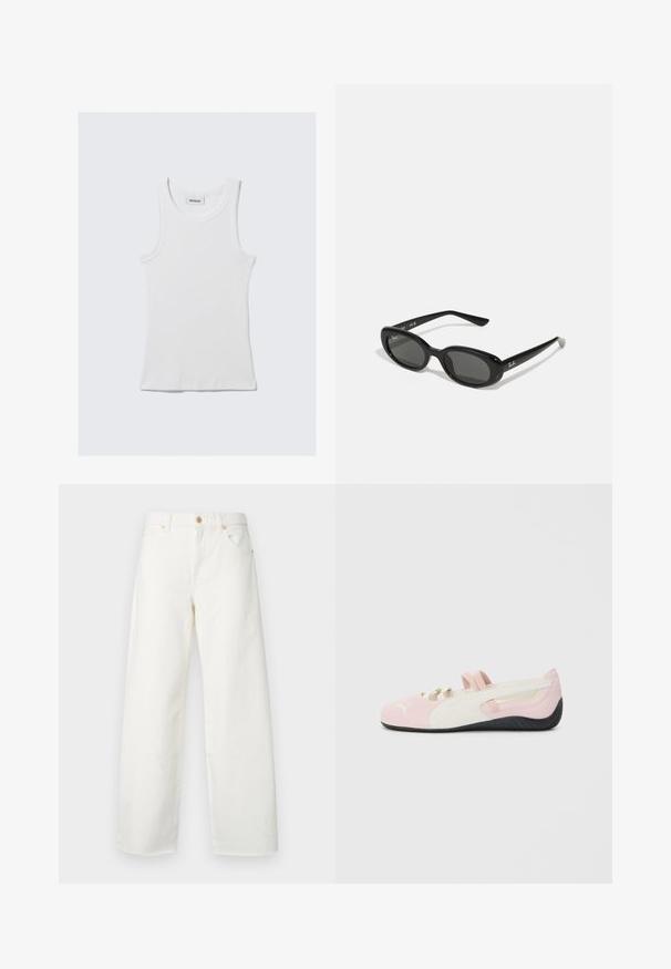 Biała bawełniana koszulka na ramiączkach o prążkowanej fakturze, bez rękawów i okrągłym dekolcie. Posiada metkę przy szyi z napisem "WEEKDAY."; Białe dżinsy o szerokich nogawkach. Posiadają zapięcie na guzik, przednie kieszenie oraz gładkie wykończenie bez widocznych przetarć lub wzorów.; Różowe zamszowe buty wsuwane z białymi akcentami, gumową podeszwą i elastycznymi paskami. Posiadają teksturowany wzór oraz małe logo z przodu.; Czarne okulary przeciwsłoneczne z owalnymi soczewkami, błyszcząca plastikowa oprawa i smukłe zauszniki. Posiadają białe logo Ray-Ban po boku.; Srebrny pierścionek o gładkim, zaokrąglonym wzornictwie z akcentem w kształcie gwiazdy. Modelka ubrana w zieloną bluzę z żółtym napisem, trzymająca ręce blisko szyi.