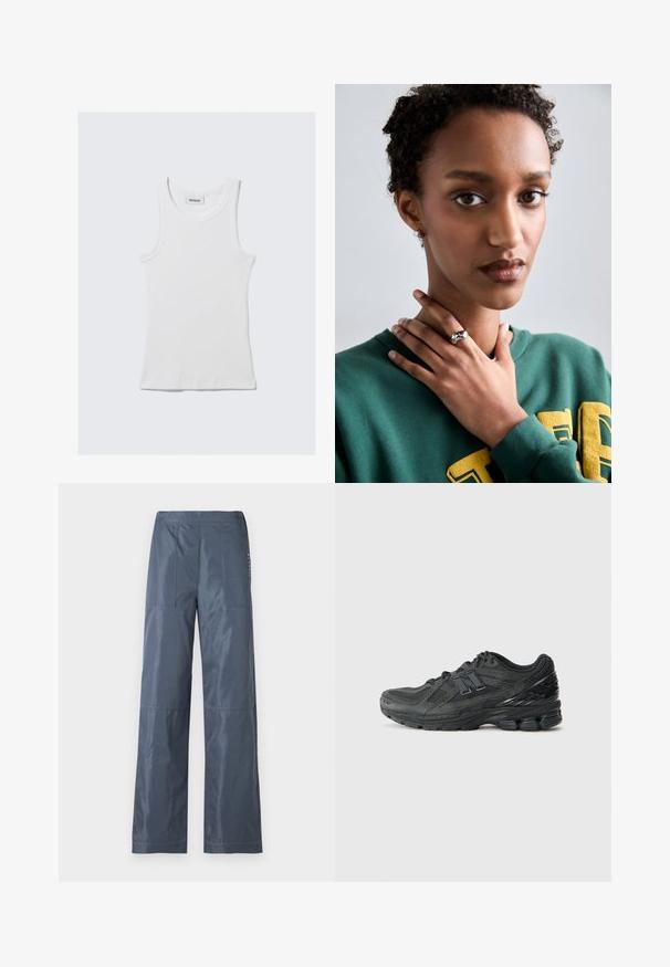 Valge puuvillane top süsteem ribatekstuuriga, ilma varrukateta disain ja ümmargune kaelus. Kaeluses on silt, millel on kiri "WEEKDAY."; Tumedat laiad püksid tumesinises toonis, valminud siledast kangast. Omavad kahte esimest taskut ja õmbluste äärtes on tikandid.; Mustad mustijad jooksujalatsid, millel on võrkkangas peal, pehmendatud krae, sünteetilised detailid ja tekstureeritud tallaosas nähtavaid pehmenduselemente.; Hõbedane sõrmus sileda, kaarja disainiga, millel on tähe aktsent. Mudel kannab rohelist sviitrit, millel on kollane tekst, käed kaela lähedal.