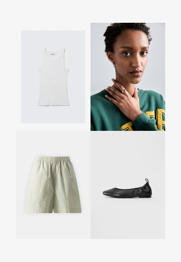 Valge puuvillane top süsteem ribatekstuuriga, ilma varrukateta disain ja ümmargune kaelus. Kaeluses on silt, millel on kiri "WEEKDAY."; Heledad hallhallid, millel on vertikaalsed valged triibud, elastsest vööst ja lahtine, mugav lõige. Sile tekstuur.; Must musta balletkingad ümmarguse varbaga, volditud elastsete külgedega ja kanna peal tõmbeaasaga, esitatud heledal taustal.; Hõbedane sõrmus sileda, kaarja disainiga, millel on tähe aktsent. Mudel kannab rohelist sviitrit, millel on kollane tekst, käed kaela lähedal.