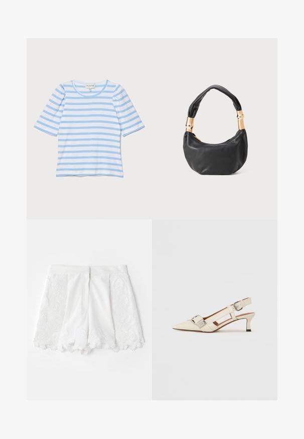 Light blue striped T-shirt with short sleeves, round neckline, ribbed texture, featuring alternating thin white and blue stripes.; White shorts featuring a textured embroidered design along the sides and scalloped hem. Smooth fabric with decorative bead accents.; White leather slingback shoe with a pointed toe, small heel, and adjustable strap featuring a prominent silver buckle detail.; Black leather handbag with a round shape, soft texture, and a knotted handle featuring gold-tone hardware accents. Zipper closure.