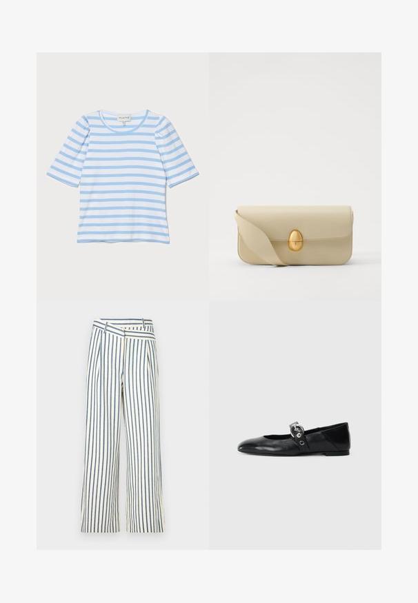 Šviesiai mėlyna dryžuota marškinė su trumpomis rankovėmis, apvaliu kaklu, varstytos tekstūros, su kaitaliojančiais plonais baltais ir mėlynais dryžiais.; Grietos pločių kelnės smėlio ir tamsiai mėlynos spalvos, su kažkiek plišytų detalių ir unikaliu kampiniu juosmeniu. Pagaminta iš lengvos medžiagos.; Juodų odinių baletinių batelių su smailiu nosiu, su užrišamu dirželiu su apvalia metaline sagtimi ir plokščiu padu.; Bežinė odinė rankinė su lygiu paviršiumi, stačiakampio formos ir auksiniu ovaliu užsegimu. Yra ilga, reguliuojama petneša.