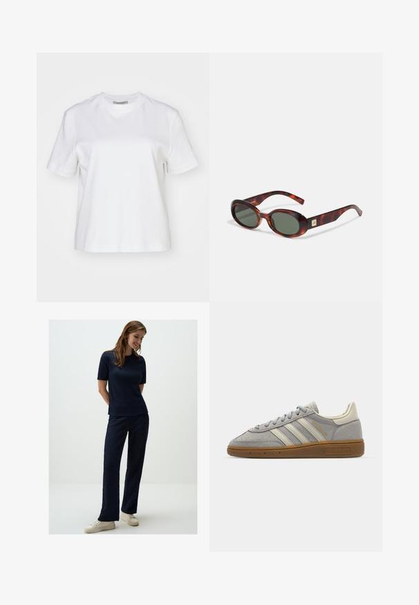 AllSaints LISA - T-shirt basique - white; Ensemble en tricot texturé bleu marine à deux pièces, comprenant un haut à manches courtes et un pantalon ample, assorti de baskets beiges.; Baskets en suède gris avec des rayures en cuir gris clair et une semelle en caoutchouc caramel. Les caractéristiques incluent un laçage et un branding discret sur la languette.; Lunettes de soleil en écaille de tortue avec verres foncés, en forme ovale et avec des branches larges. Présente un petit accent doré sur le côté. Matériau en plastique lisse.; Sac en tissu tissé de couleur olive avec une forme ronde et spacieuse et une longue poignée unique pour le porter. Surface texturée.