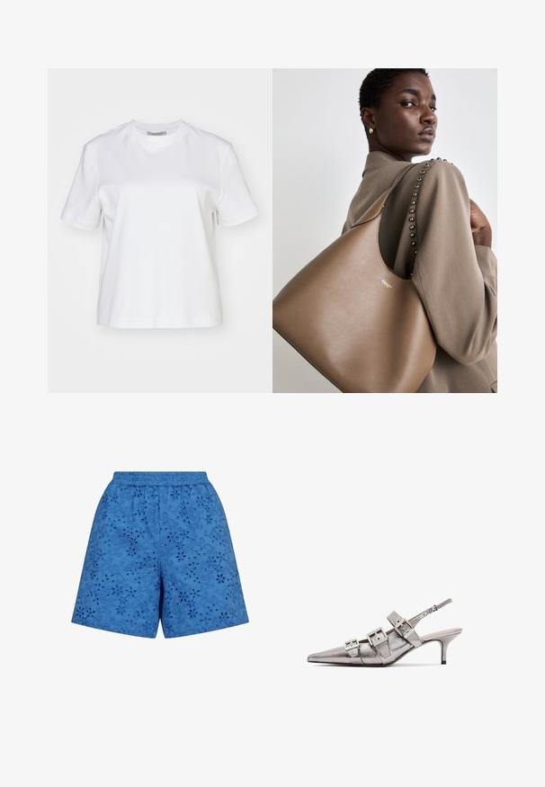 AllSaints LISA - T-shirt basic - white; Blauwe shorts met een elastische tailleband, voorzien van getextureerde bloemenborduursels en uitsnijdingen door de stof.; Metaalachtige zilveren slingback hak met een puntige neus, voorzien van drie brede banden en vierkante metallic gespen. Glanzende afwerking en slanke hak.; Bruine lederen handtas met een gladde textuur, met een gebogen silhouet en een metalen logo. De schouderband heeft decoratieve studs langs de naad.
