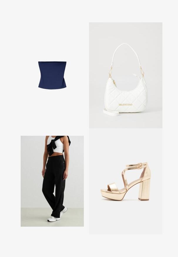 Navy blue, body-hugging tube top made of soft, stretchy material; features a simple, seamless design with an even hem at the bottom.; Black jogging pants with side snap buttons, elastic waistband, and two side pockets. Fabric appears soft with a smooth texture.; Gold metallic platform sandals with a chunky block heel, open toe, and crisscross ankle straps featuring buckle accents. Smooth texture.; White quilted handbag made of synthetic material, featuring a curved silhouette, gold-tone hardware, and an adjustable strap.; Gold-toned rings with smooth, rounded shapes intertwining. High-polish finish with a reflective surface, showcasing a seamless design.