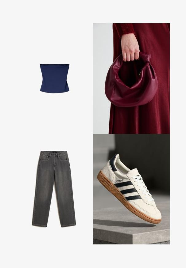 Navyfarbener, figurbetonter Trägershirt aus weichem, dehnbarem Material; hat ein schlichtes, nahtloses Design mit einem gleichmäßigen Saum am Boden.; Graue weit geschnittene Jeans aus Denim. Verfügt über fünf Taschen, einen Frontknopf und einen Reißverschluss sowie über subtile Verwaschungen im Stoff.; Weiße Wildleder-Sneaker mit marineblauen Streifen, Gummisohle, strukturiertem Obermaterial, runder Zehenform und Schnürung; mit Branding an der Seite und auf der Zunge.; Burgunderleder-Handtasche mit einem weichen, gerafften Design und einer gerundeten Form. Der Griff ist gesichert und zeigt eine glatte Textur.; Goldenes rechteckiges Uhrenarmband mit einem weißen Ziffernblatt, minimalistischen Stundenmarkierungen und einem Metallmeshband. Verfügt über eine seitliche Krone zur Zeiteinstellung.