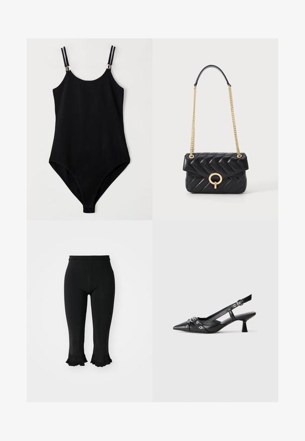 Czarny strój kąpielowy o dopasowanym kroju, z regulowanymi ramiączkami i srebrnymi akcentami na ramionach. Gładki, teksturowany materiał.; sandro - Spodnie materiałowe; Czarne skórzane buty typu slingback z ostrym noskiem, ozdobnymi paskami z metalowymi oczkami oraz niskim klinowym obcasem. Teksturowana powierzchnia.; Czarna pikowana skórzana torebka na ramię z złotym łańcuchem, z okrągłym zapięciem z złotego metalu i z klapką. Kompaktowy prostokątny kształt.