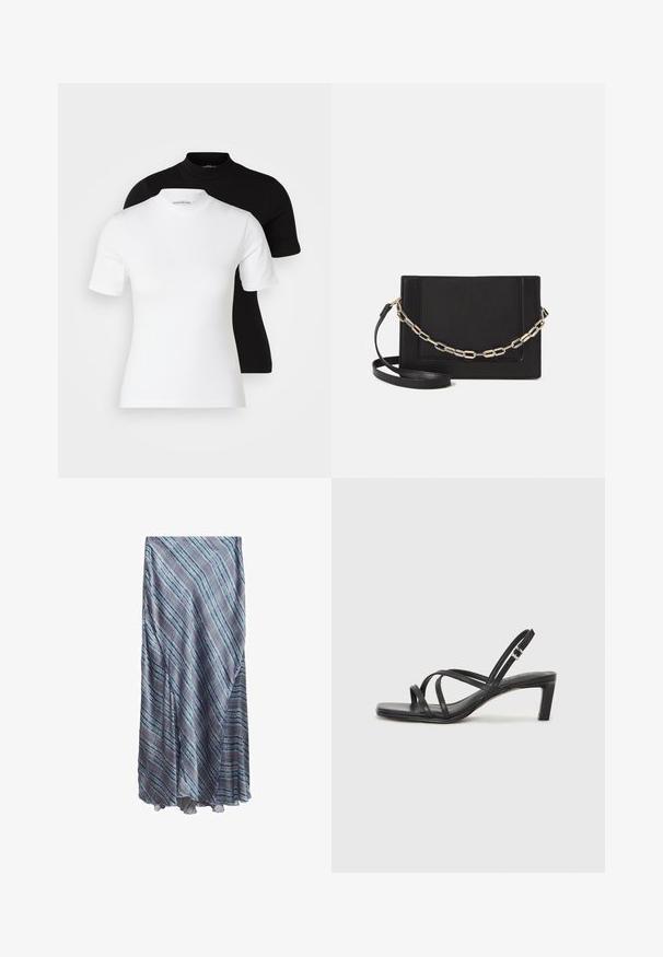 Even&Odd Petite 2 PACK - Camiseta básica - white/black; Mango Falda acampanada - dark blue; Sandalia negra de tiras con punta cuadrada y tacón bajo de bloque. Presenta múltiples tiras delgadas y una correa ajustable en el tobillo. Fabricada en cuero suave.; Bolso cruzado de piel negra con textura suave, forma rectangular y un detalle de cadena metálica en el frente. Incluye una correa ajustable.