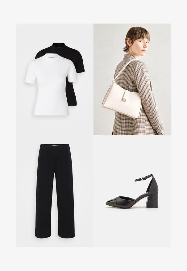 Even&Odd Petite 2 PACK - Basic póló - white/black; Fekete, bő szárú nadrág, elasztikus derékkal. Texturált anyagból készült, laza szabású, egyenesen vágva a csípőtől a szegélyig.; Fekete bőr magassarkú cipő boka pánttal, hegyes orral és tömbsarkúval. Simára polírozott felület, a lábujj részen texturált sapkával.; Fehér bőr táska strukturált dizájnnal, mágneses záródással és vállpánttal, semleges háttér előtt bemutatva.