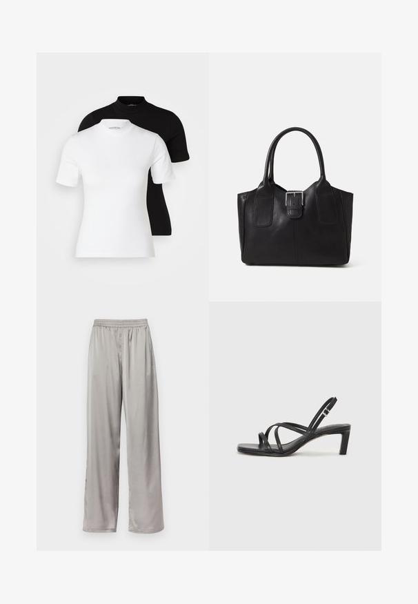 Even&Odd Petite 2 PACK - Camiseta básica - white/black; Pantalones de pierna ancha en gris claro, confeccionados con una tela suave y sedosa. Presentan una cinturilla elástica y un sutil bordado del logo en el lateral.; Sandalia negra de tiras con punta cuadrada y tacón bajo de bloque. Presenta múltiples tiras delgadas y una correa ajustable en el tobillo. Fabricada en cuero suave.; Bolso tote de cuero negro con textura suave, forma estructurada, dos asas y un prominente detalle de hebilla plateada en la parte frontal.