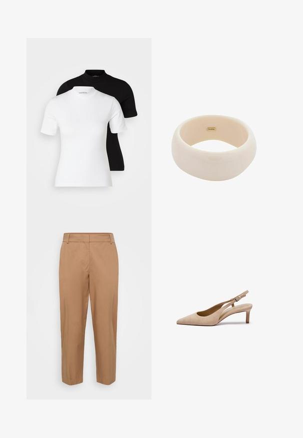 Even&Odd Petite 2 PACK - Basic T-shirt - white/black; Tan trousers made of smooth fabric, featuring a straight-leg cut, angled front pockets, and a clean finish without visible fastenings.; Zign LEATHER - Classic heels - beige; Glossy beige bangle made of smooth resin. Rounded shape with a uniform surface and a small gold logo on the interior.