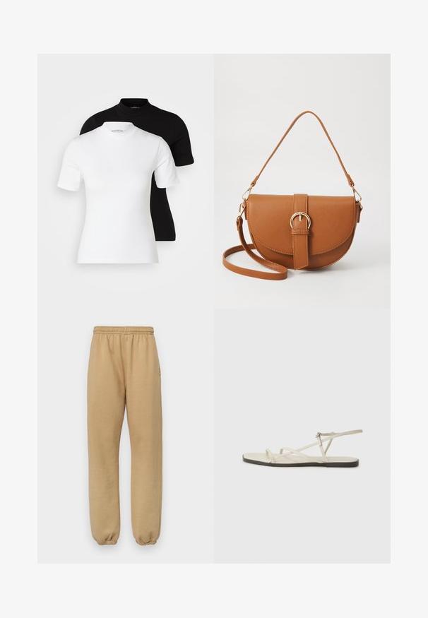 Even&Odd Petite 2 PACK - Basic T-shirt - white/black; Beige sweatpants made of soft fabric, featuring an elastic waistband and cuffs, with side seams and a small logo on the left thigh.; Beige flat sandal with multiple slender straps and an adjustable buckle. The sole is flat with a slight dark contrast at the edge.; Brown leather crossbody bag with a curved shape, gold hardware, and a buckle accent. Features a detachable shoulder strap.
