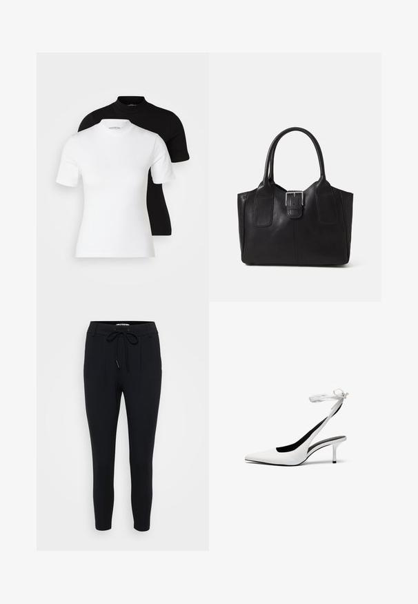Even&Odd Petite 2 PACK - Basic póló - white/black; Fekete, karcsúsított nadrág rugalmas anyagból, húzózsinórral ellátott derékrésszel, két elülső redővel és sima felülettel.; Fehér, hegyes orrú, hátsó pánttal ellátott magassarkú cipők vékony boka pánttal. Finom bőrből készült, vékony tűsarkú, és fekete belső béléssel rendelkezik.; Fekete bőr bevásárlótáska sima textúrával, strukturált formával, két fogantyúval és egy figyelemfelkeltő ezüst csattal az elején.