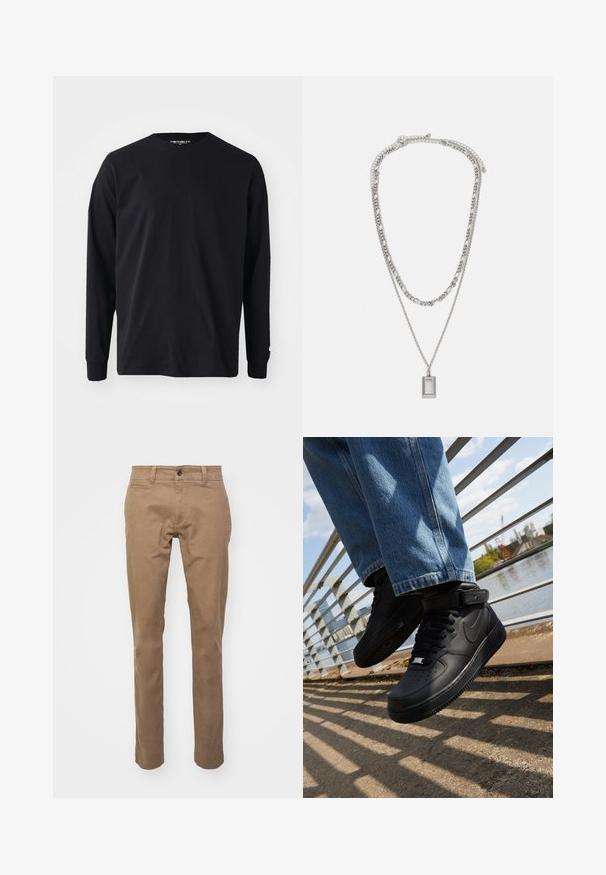 Fekete, hosszú ujjú póló, pamutból készült, kerek nyakkivágással és egyenes fazonnal, az ujján egy kis logó részlettel.; DOCKERS ALPHA SKINNY - Vászonnadrágok - brown; Fekete Nike Air Force 1 sportcipők bőr felsőrésszel, hálós nyelvvel és gumitalppal, magas szárú dizájnnal és vastag fűzőkkel.; Ezüst nyaklánc, amely két rétegű láncból áll; jellemzője egy sima felületű, téglalap alakú medál, amely csillogó fémes bevonattal rendelkezik.