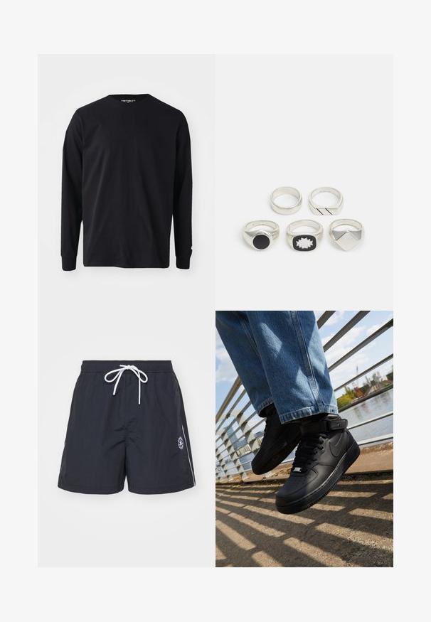 Fekete, hosszú ujjú póló, pamutból készült, kerek nyakkivágással és egyenes fazonnal, az ujján egy kis logó részlettel.; Converse RETRO CHUCK ELEVATED - Tréningruha alsók - black; Fekete Nike Air Force 1 sportcipők bőr felsőrésszel, hálós nyelvvel és gumitalppal, magas szárú dizájnnal és vastag fűzőkkel.; Öt ezüstgyűrű: az egyik fekete kör alakú díszítéssel, a másik fehér és fekete geometriai mintával, a többi pedig különböző formájú és felületű.