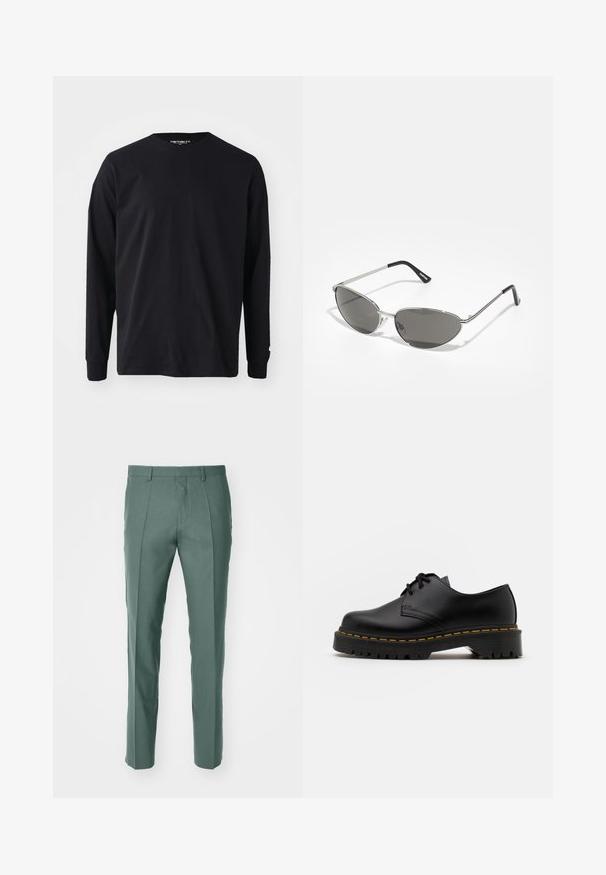 Schwarzes Langarm-T-Shirt aus Baumwolle mit rundem Halsausschnitt und geradem Schnitt, mit einem kleinen Logodetail am Ärmel.; Maßgeschneiderte Hosen in einem gedämpften Grünton, aus strukturiertem Stoff gefertigt, mit geradem Bein und dezenten Vorderfalten.; Schwarze Leder Schnürschuhe mit runder Spitze, strukturiertem Gummisohle und gelben Nähten um den Rand. Flaches Design und glatte Oberfläche.; Sonnenbrille mit einem schlanken, silbernen Metallrahmen, grauen getönten Gläsern und einem aerodynamischen Design mit spitzen Kanten und dünnen Bügeln.; Set aus sieben silbernen Ringen mit verschiedenen Designs, einschließlich verdrehter, verbundener und gravierter Muster. Unterschiedliche Formen und Breiten.