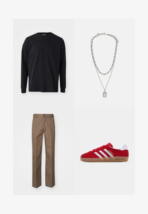 Schwarzes Langarm-T-Shirt aus Baumwolle mit rundem Halsausschnitt und geradem Schnitt, mit einem kleinen Logodetail am Ärmel.; Braune Hose mit flachem Vorderdesign, geraden Beinen und klassischem Bund. Aus strapazierfähigem Stoff gefertigt, ohne sichtbare Muster oder Verzierungen.; Rote Wildleder-Sneaker mit weißem Dreistreifen-Design und goldenem "Gazelle"-Schriftzug. Besitzt eine Gummisohle und eine strukturierte Ferse.; Silberne Halskette mit zwei geschichteten Ketten; verfügt über einen rechteckigen Anhänger mit einer glatten Oberfläche, die ein poliertes Metall-Finish zeigt.