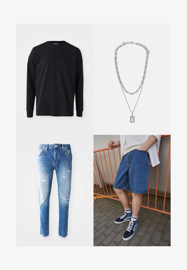 Melna garām piedurknēm t-krekls, izgatavots no kokvilnas, ar apaļu dekoltē un taisnu griezumu, ar nelielu logo detaļu uz piedurknes.; Zilas džinsu bikses ar gaismas un tumsas gradientu, nolietojuma detaļām, tostarp plēstēm, piecām kabatām un pogu aizdari jostasvietā.; Zilas džinsu šorts, līdz ceļiem, ar priekšējo kabatu. Apvienoti ar tumši ziliem augstiem sporta apaviem, kam ir baltas auklas un svītrainas zeķes.; Sudraba kaklarota ar divām slāņainām ķēdēm; satur taisnstūra piekariņu ar gludu virsmu, kas izceļas ar spīdīgu metāla apdari.