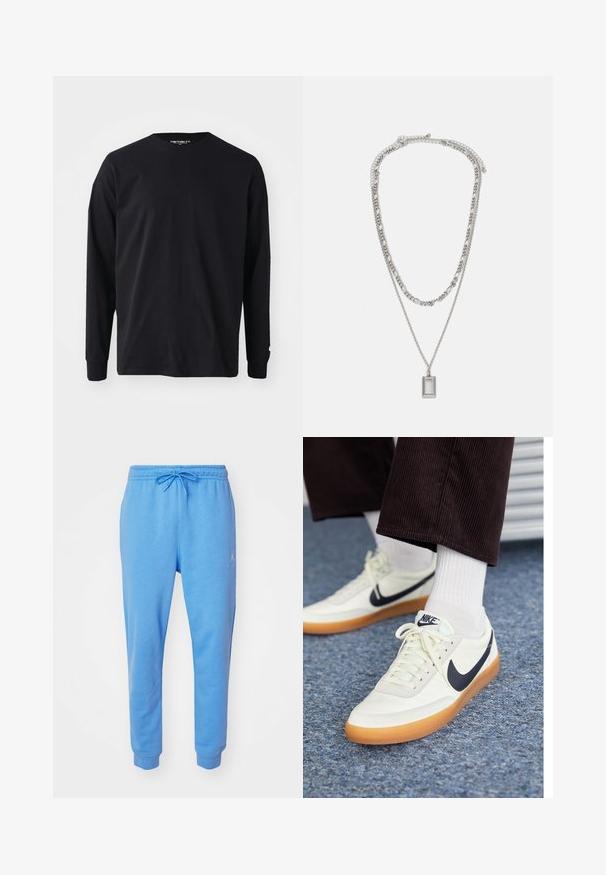T-shirt preto de manga longa feito de algodão, com decote redondo e corte reto, apresentando um pequeno detalhe de logo na manga.; Calças de treino azul claro em uma mistura suave de algodão. Apresenta uma cintura elástica com cordão e tornozelos ajustados. Logo bordado na lateral.; Ténis Nike em pele branca com um swoosh azul-marinho, apresentando uma sola de borracha de cor castanha e cordões brancos, combinados com meias brancas de cano curto e calças escuras de veludo cotelê.; Colar de prata com duas correntes em camadas; apresenta um pendente retangular com uma superfície lisa, exibindo um acabamento metálico polido.