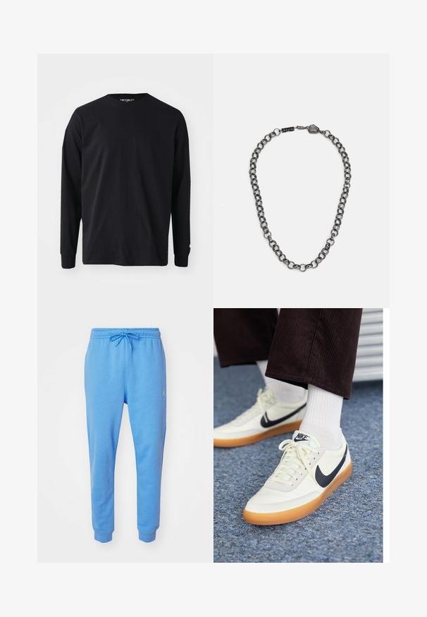Juoda ilgaa rankovė t-shirt pagaminta iš medvilnės, su apvaliu kaklu ir tiesiu kirpimu, su mažo logotipo detale ant rankovės.; Šviesiai mėlynos sportinės kelnės, pagamintos iš minkštos medvilnės mišinio. Su elastingu juosmeniu ir raišteliu, taip pat su rankogaliais. Išsiuvinėtas logotipas šone.; Nike sportbačiai iš baltos odos su tamsiai mėlynu ženkleliu, turintys guminį kreidos pado ir baltus raiščius, derinami su baltomis kojinėmis iki blauzdų ir tamsiomis aksominėmis kelnėmis.; Metalinė grandinėlė su pailgintais saitais tamsiai metalinės spalvos. Yra geometrinis akcentas ir užsegimas su prekės ženklo detale.