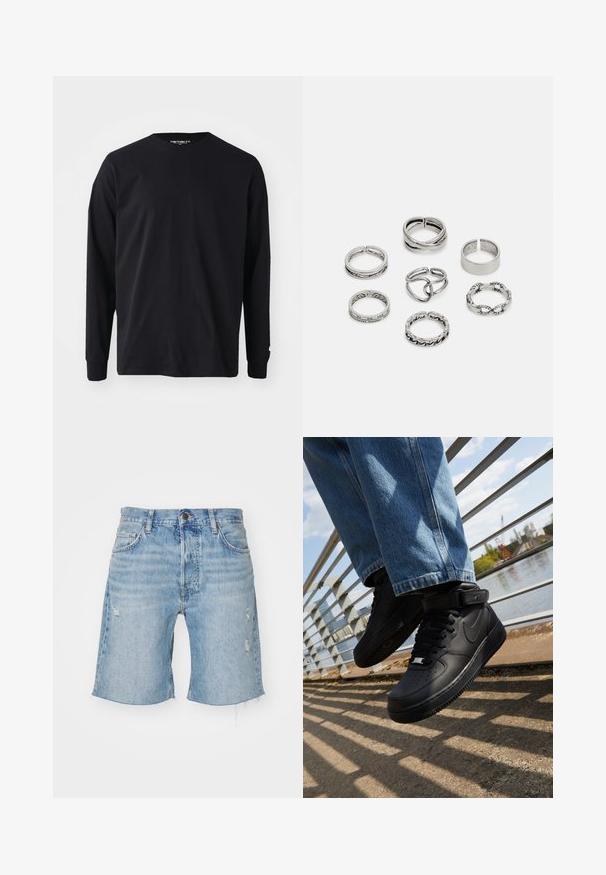 Crna majica dugih rukava od pamuka, s okruglim izrezom i ravnim krojem, s malim logom na rukavu.; Traperice šortse u svijetloplavoj boji, s visokim strukom, ispucanim rubom, uništenim detaljima i dizajnom s pet džepova. Klasično kopčanje na gumbi i patentni zatvarač.; Crne Nike Air Force 1 tenisice s kožnim gornjim dijelom, mrežastim jezikom i gumenenim potplatom, s visokim dizajnom i debelim vezicama.; Set od sedam srebrnih prstenova s različitim dizajnima, uključujući uvrnute, povezane i gravirane uzorke. Različitih oblika i širina.