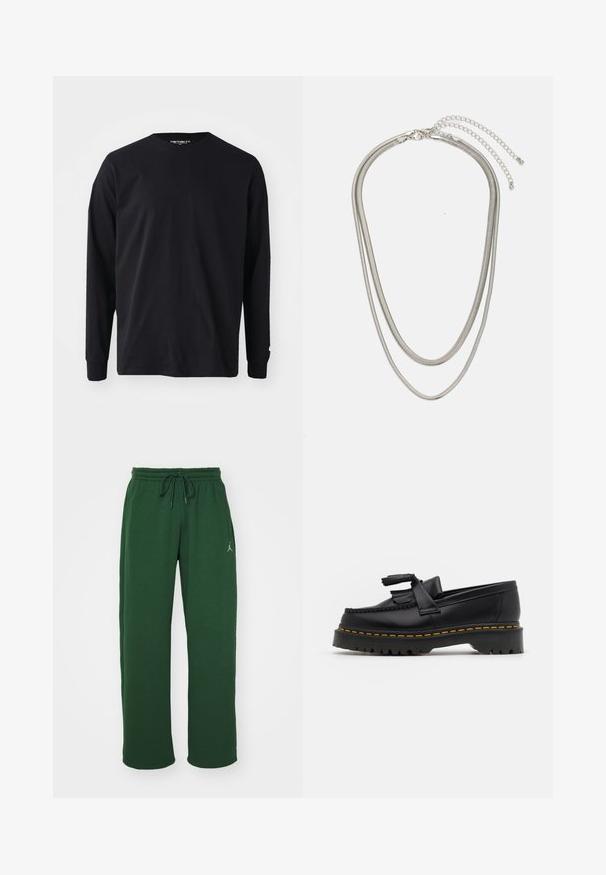 Črna majica z dolgimi rokavi iz bombaža, z okroglim izrezom in ravnim krojem, z majhnim logotipom na rokavu.; Zelene trenirke iz mehke tkanine z elastičnim pasom, z vrvico za zategovanje in malim logotipom na levem stegnu.; Črne usnjene loafersice s kaširanim naglasom, z debelim črnim podplatom in rumenim šivom ob robu. Teksturirana površina.; Tri-slojni srebrni kovinski ogrlica z elegantnimi, fleksibilnimi verigami z rahlim leskom, varovana z zaponko s katero se zaključi in nastavljivo verigo.