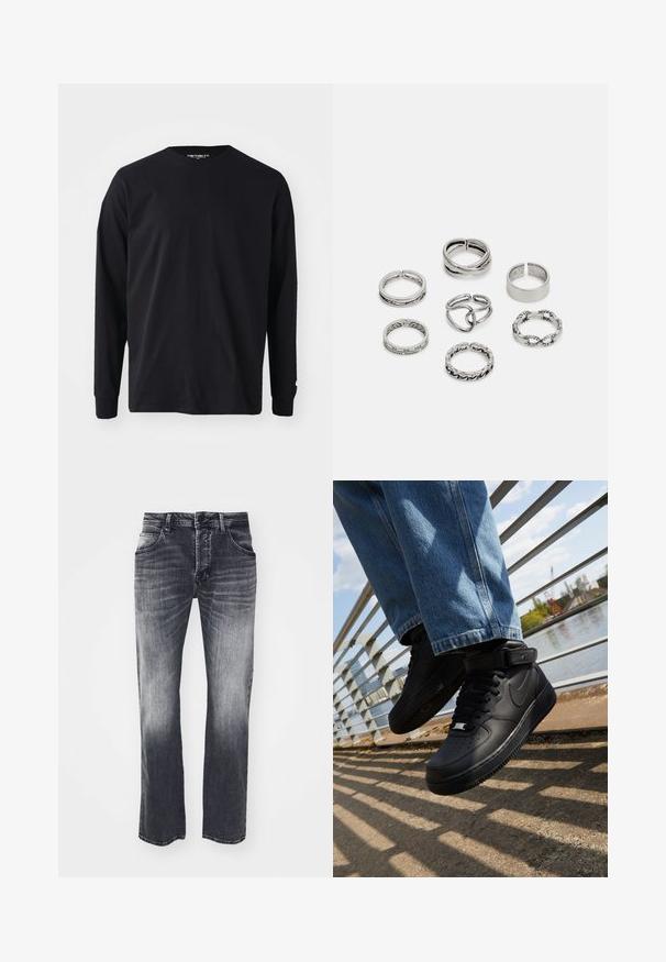 Camiseta negra de manga larga hecha de algodón, con un escote redondo y corte recto, que presenta un pequeño detalle de logo en la manga.; Jeans de mezclilla negra con un corte recto, con un ligero desgastado, cinco bolsillos y un detalle de cierre de botón, sobre un fondo blanco.; Zapatillas Nike Air Force 1 negras con parte superior de cuero, lengua de malla y suela de goma, que presentan un diseño de caña alta y cordones gruesos.; Conjunto de siete anillos de plata con diversos diseños, incluidos patrones retorcidos, enlazados y grabados. Diferentes formas y anchos.