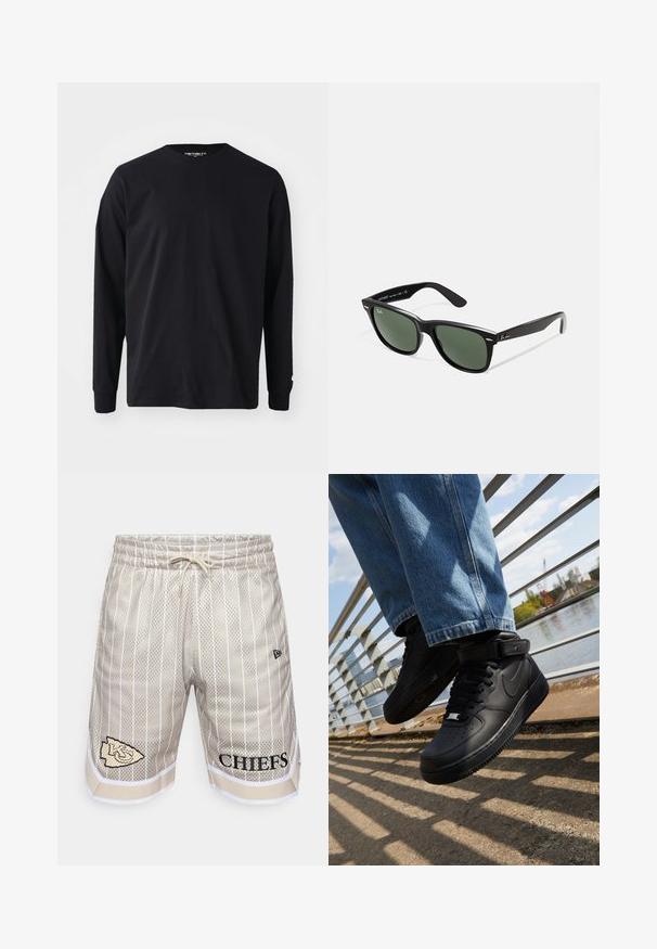 Črna majica z dolgimi rokavi iz bombaža, z okroglim izrezom in ravnim krojem, z majhnim logotipom na rokavu.; Bež kratke hlače iz mrežastega materiala z belimi navpičnimi črtami, elastičnim pasom, vrvico in črnim tiskanjem "CHIEFS" in logom na levi nogi.; Črne Nike Air Force 1 teniske z usnjenim zgornjim delom, mrežastim jezikom in gumijastim podplatom, s posebno visoko zasnovo in debelimi vezalkami.; Črne plastične sončna očala z zelenimi lečami, kvadratni okvirji, srebrni detajl na obrvi in teksturirani ročaji. Blagovna znamka navedena na notranji strani ročaja.
