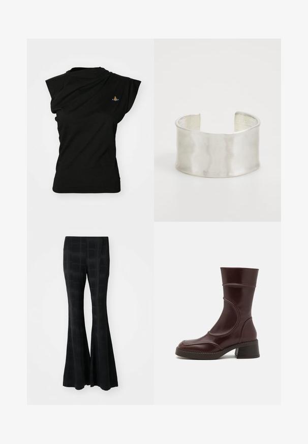 Vivienne Westwood HEBO - T-shirt basique - black; Pantalons évasés noirs en matériau lisse, dotés d'un motif à carreaux qui crée une texture subtile et une coupe ajustée.; MIISTA MALENE - Bottines - brown; Zign Bracelet - silver-coloured