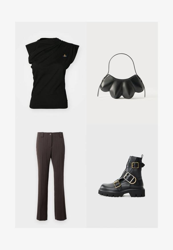 Vivienne Westwood HEBO - Tricou basic - black; Pantaloni maro cu dungi verticale, cu un design ajustat, având închidere frontală cu buton și croială dreaptă. Textură de țesătură netedă.; Cizme de gleznă din piele neagră cu toc gros, având mai multe curele și accente din metal auriu. Textură netedă, design robust.; Geantă de piele neagră cu un design curbat, asemănător unei scoici, având o curea singulară și închidere cu fermoar. Textură netedă cu accente cusute.