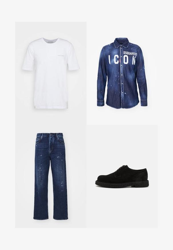Hvid kortærmet T-shirt lavet af bomuld, med rund hals og et lille trykt logo på venstre side. Glat tekstur, afslappet pasform.; Denim skjorte i mørkeblå med hvid "ICON" tekst og "DSQUARED2" logo. Har knaplukning, spids krave og slidte malingsprøjter.; Mørkeblå denim jeans med en løs pasform, lige ben og hvide malingspletter på forsiden. Klassisk fem-lomme design.; The Antipode DERBY - Snøresko - black
