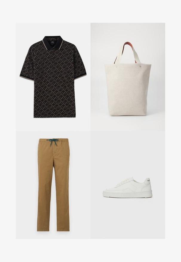 Schwarzes Polohemd mit einem geometrischen goldenen Muster, kurzen Ärmeln und einem klassischen Kragen mit dezenten gestreiften Akzenten.; Braune Baumwollhosen mit einem verstellbaren Taillenbund in Teal. Das Design verfügt über gerade Beine und hat keine sichtbaren Taschen oder Verzierungen.; Weiße Ledersneaker mit glatter Oberfläche, runder Zehenpartie, flachen Schnürsenkeln und strukturiertem Sohlenprofil. Mit einem dezenten Logo an der Ferse.; Tote-Tasche aus hellbeigem Stoff mit strukturiertem Finish, ausgestattet mit zwei kontrastierenden braunen Ledergriffen und Metallakzenten oben.