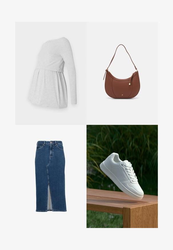 Lichtgrijze lange mouw zwangerschapsvoering met een ronde halslijn, vloeiende A-lijn ontwerp en gegatherde stof onder de buste voor comfort.; Denim kokerrok in donkerblauw, midi-lengte met een voorzicht, vijf zakken ontwerp, contrasterende stiksels en metalen hardware accenten.; Witte sneaker met een gladde synthetische bovenkant, geperforeerde neus, platte veters en een gestructureerde zool, tentoongesteld op een houten oppervlak.; Bruine faux leren schoudertas met een gebogen vorm, minimale stiksels en een gouden hardware-accent. Voorzien van een bovenste ritsluiting en een verstelbare schouderband.