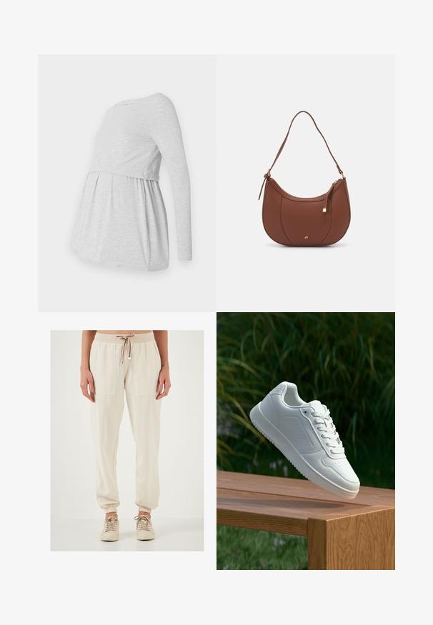 Vaaleanharmaa pitkähihainen äitiystoppi, jossa on pyöreä kaula-aukko, valuva A-linjainen muotoilu ja kerätty kangas rinnan alapuolella mukavuutta varten.; Vaaleanbeige juoksuhousut, joissa on joustovyötärö ja nauhakuja, kahdella suurella etutaskulla ja joustavat hihnat nilkoissa.; Valkoiset tennarit, joissa on sileä synteettinen päällinen, rei'itetty varvasosa, litteät nauhat ja teksturoitu pohja, esillä puupinnalla.; Ruskea keinonahkainen olkalaukku, jossa on kaareva muoto, minimaalinen ompelu ja kultasävyinen varuste. Varustettu ylhäältä avautuvalla vetoketjullisella suljennalla ja säädettävällä hihnalla.