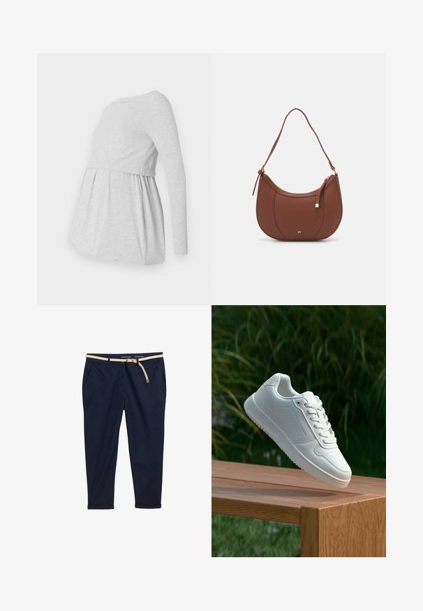 Bluză de maternitate cu mânecă lungă de culoare gri deschis, cu guler rotund, design în formă de A care curge și țesătură adunată sub bust pentru confort.; Chino navy cu o curea țesută crem. Are două buzunare laterale, o croială lejeră și manșete răsucite la glezne. Țesătură din bumbac.; Sneaker alb cu un upper sintetic neted, cu vârf perforat, șireturi plate și o talpă texturată, expus pe o suprafață de lemn.; Geantă de umăr din piele ecologică maro, cu o formă curbată, cusături minime și un accent din metal auriu. Are un închidere cu fermoar în partea de sus și o curea ajustabilă.