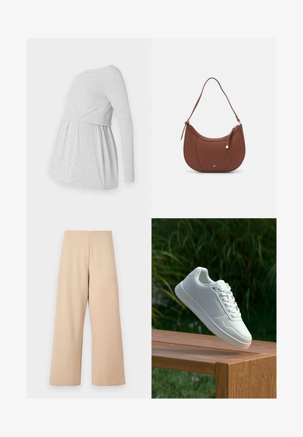 Gaiši pelēka garām piedurknēm grūtniecību top ar apaļu dekoltē, plūstošu A līnijas dizainu un salocītu audumu zem krūts ērtībai.; Bēšas platās bikses, izgatavotas no mīksta auduma, ar augstu jostasvietu un gludu tekstūru. Nav redzamu rakstu vai aparatūras detaļu.; Baltie sporta apavi ar gludu sintētisku augšpusi, perforētu pirkstu daļu, plakani šņorēm un rakstainu zoli, novietoti uz koka virsmas.; Brūns mākslīgās ādas pleca soma ar izliekta forma, minimāls šuvums un zelta toņa aparatūras akcenti. Aprīkota ar augšējo rāvējslēdzēju un regulējamu siksnu.