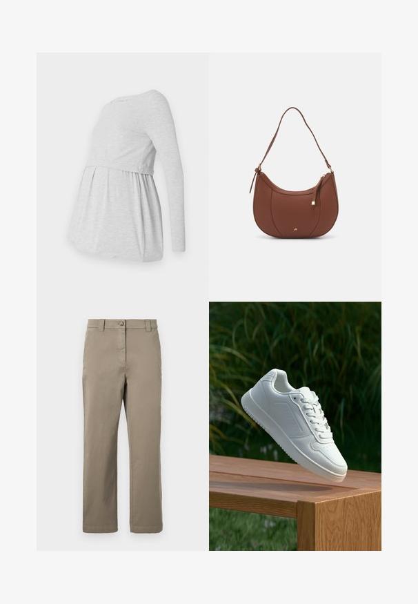 Tunique de maternité gris clair à manches longues avec un col rond, un design fluide en A et un tissu froncé sous la poitrine pour le confort.; Chino en coton kaki avec une coupe droite, dotés d'un bouton à l'avant, de poches latérales et d'une texture lisse. Pas de motifs ou d'accents visibles.; Sneakers blanches avec une tige synthétique lisse, un avant perforé, des lacets plats et une semelle texturée, présentées sur une surface en bois.; Sac à épaule en faux cuir brun, de forme arrondie, avec des coutures minimales et un accent en matériel doré. Il possède une fermeture zippée sur le dessus et une sangle réglable.