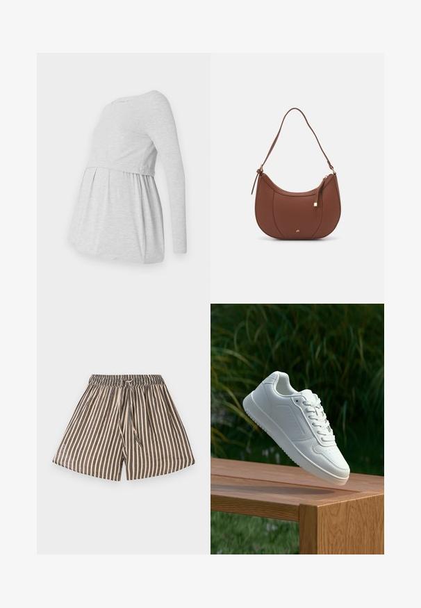 Világosszürke, hosszú ujjú kismama felső kerek nyakkivágással, lágy A-vonalú szabással, és a mell alatt ráncolt anyaggal a kényelem érdekében.; Csíkos sort, gumis derékkal, bézs és tengerészkék függőleges csíkokkal. Puha anyag, laza fazon, elöl kötődik.; Fehér sportcipő sima szintetikus felsőrésszel, perforált lábujjrész, lapos fűzőkkel és texturált talppal, fából készült felületen kihelyezve.; Barna műbőr válltáska ívelt formával, minimális varrással és arany színű kiegészítőkkel. Jellemzője a felső cipzáras záródás és állítható pánt.