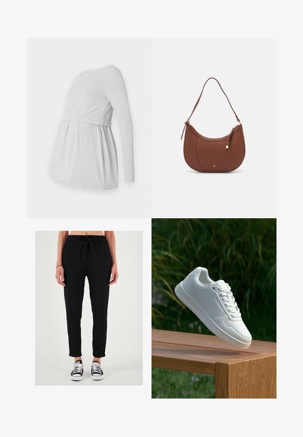 Šviesiai pilka ilgomis rankovėmis motinystės nolona su apvalia iškirpte, laisvai krintančiu A formos dizainu ir susiraukšlėjusia medžiaga po krūtine patogumui.; Juodos, lengvos, tekstūruotos kelnės su raišteliu juosmenyje, siaurėjančio kirpimo ir sukritusiais rankovėmis, derinamos su juodai baltais sportiniais bateliais.; Balti sneakeriai su lygia sintetine viršutine dalimi, perforuota pirštų zona, plokščiomis raištelėmis ir tekstūruotu padu, padėti ant medinės paviršiaus.; Ruda dirbtinės odos petinė piniginė su kreiva forma, minimalia siuvimo linija ir auksinės spalvos įranga. Yra užtrauktuko uždarymas viršuje ir reguliuojama petneša.