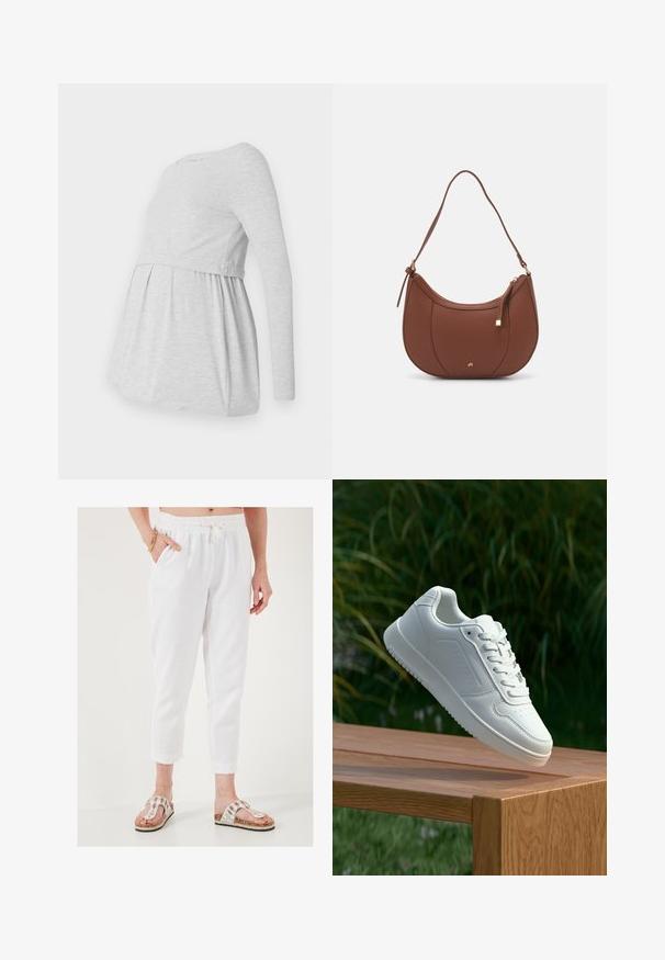 Light gray long-sleeve maternity top with a round neckline, flowing A-line design, and gathered fabric below the bust for comfort.; White cropped pants with a textured fabric, elastic waistband, and drawstring. Paired with embellished sandals featuring a cork sole.; White sneaker with a smooth synthetic upper, perforated toe box, flat laces, and a textured sole, displayed on a wooden surface.; Brown faux leather shoulder bag with curved shape, minimal stitching, and a gold-tone hardware accent. Features a top zipper closure and adjustable strap.