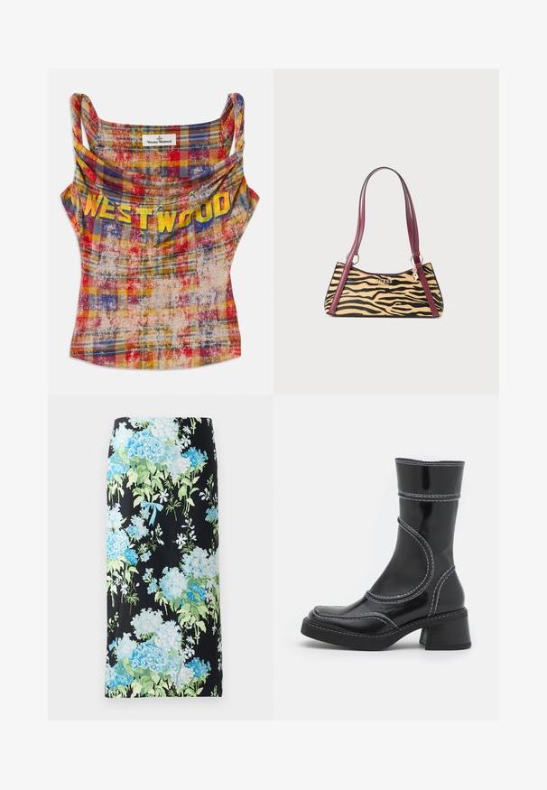Débardeur écourté à carreaux dans des teintes vives de rouge, jaune et bleu. Présente un décolleté drapé et le texte "WESTWOOD" en jaune vif. Tissu doux et texturé.; Jupe crayon florale en tissu noir, ornée de grandes hortensias bleues et vertes et de petites fleurs blanches, accentuée d'un nœud bleu clair.; Bottine en cuir verni noir avec des coutures blanches, bout arrondi et talon carré. Présente des lignes de design courbées et une texture lisse.; Petit sac à main avec un motif imprimé tigre, des sangles en cuir bordeaux, un logo Guess en ton doré et un charme suspendu à l'anneau de la sangle.