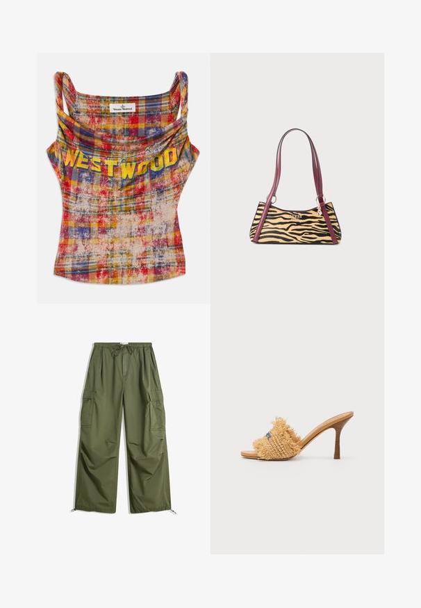 Gekürztes, kariertes Top in lebhaftem Rot, Gelb und Blau. Verfügt über einen drapierten Ausschnitt und den Text "WESTWOOD" in auffälligem Gelb. Weicher, strukturierten Stoff.; Olivgrüne Cargo-Hosen mit elastischem Bund, Kordelzug, seitlichen Klapptaschen und verstellbaren Säumen, flach auf weißem Hintergrund ausgelegt.; Geflochtene Strohsandale mit hohen Absätzen in Beige, mit Fransen-Details und blauen Akzenten, runde, offene Zehen und einem spitzen Stiletto-Absatz.; Kleine Handtasche mit Tigermuster, bordeauxroten Ledergriffen, goldfarbener Guess-Logo und einem Anhänger, der am Griff-Ring hängt.