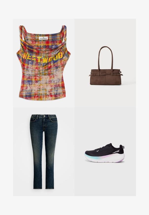 Débardeur écourté à carreaux dans des teintes vives de rouge, jaune et bleu. Présente un décolleté drapé et le texte "WESTWOOD" en jaune vif. Tissu doux et texturé.; Jean en denim bleu foncé avec une coupe droite, cinq poches et un léger délavage à l'avant. Fermeture à bouton et zip en argent.; Chaussure de running noire avec une tige en mesh léger, semelle dégradée passant du bleu clair au violet, et accents réfléchissants.; Sac à main en daim marron avec deux poignées solides, de forme rectangulaire et un détail de sangle décoratif sur le devant.