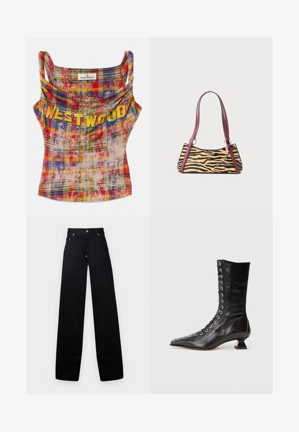 Lühendatud, ruuduline top erksas punases, kollases ja sinises. Omab langevat kaelust ja julgeid kollaseid "WESTWOOD" tekste. Pehme, tekstuuriga kangas.; Mustad laiad mustad püksid puuvillast, varustatud tõmblukuga, kahe esikoha taskuga ja klassikalise viie tasku disainiga, millel on metallist detailid.; Mustad nahast pahkluu saapad terava nina, esipaneeliga nöörimine, metallist silmadega, madal blokknina ja stiilne disain. Sile tekstuur, moodne siluett.; Väike käekott, millel on tiigri prints, tumepunased nahkrihmad, kuldne Guess logo ja ripats, mis rippub rihma rõngas.