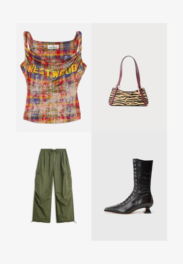 Skrajený, károvaný top na ramienka v jasnej červenej, žltej a modrej farbe. Vybavený voľným výstrihom a tučným žltým textom "WESTWOOD". Mäkka, textúrovaná tkanina.; Olivové cargo nohavice s elastickým pásom, sťahovacou šnúrkou, postrannými vreckami s klapkami a nastaviteľnými okrajmi ležiace na bielom pozadí.; Čierne kožené členkové topánky s špicatou špičkou, predným šnurovaním, kovovými očkami, nízkym blokovým podpätkom a elegantným dizajnom. Hladká textúra, moderný silueta.; Malá kabelka s tigrovaným vzorom, bordovými koženými popruhmi, zlatým logom Guess a priveskom zaveseným na krúžku popruhu.
